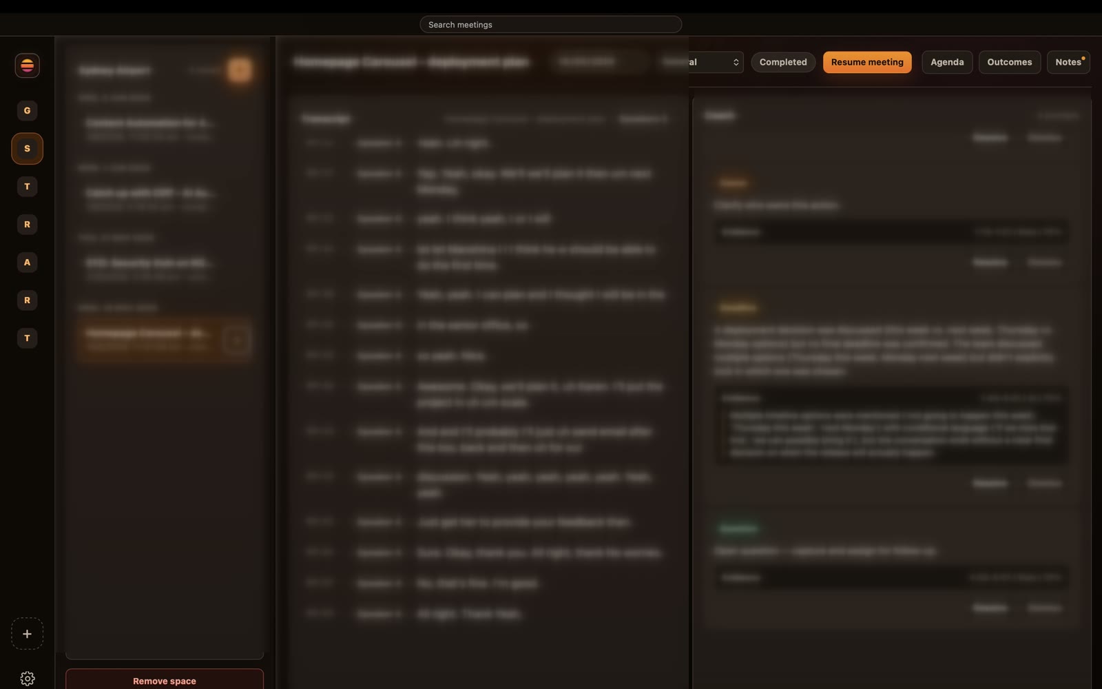 AI Meeting Coacher transcript and coaching panels with sensitive content blurred
