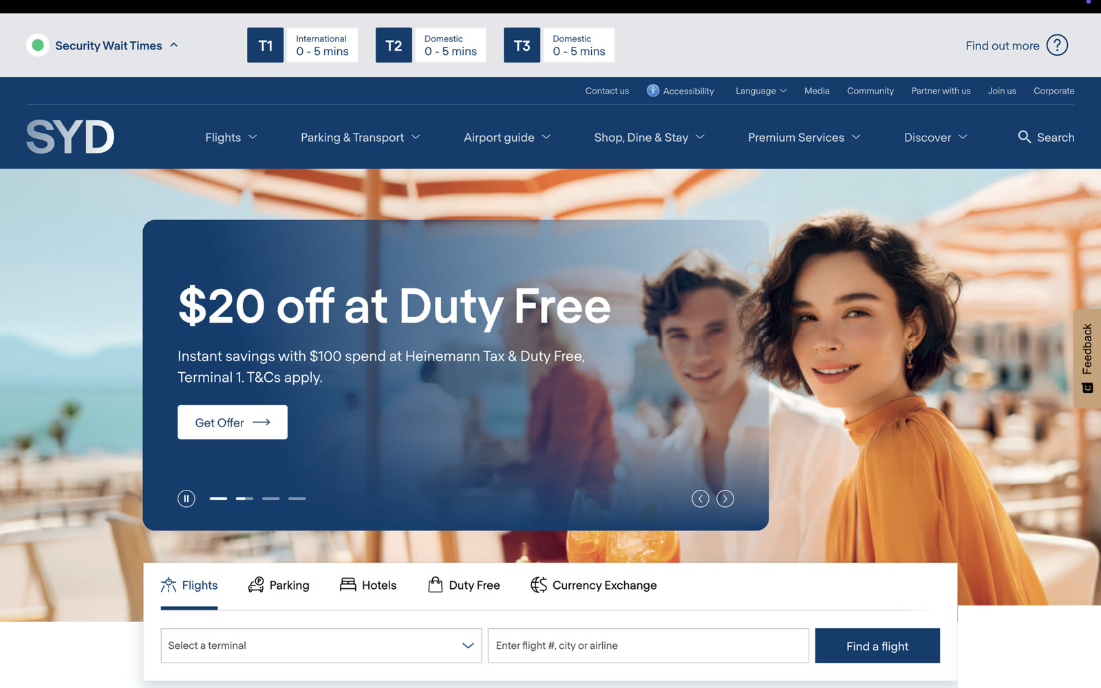 Sydney Airport public website homepage shown on desktop and mobile screens